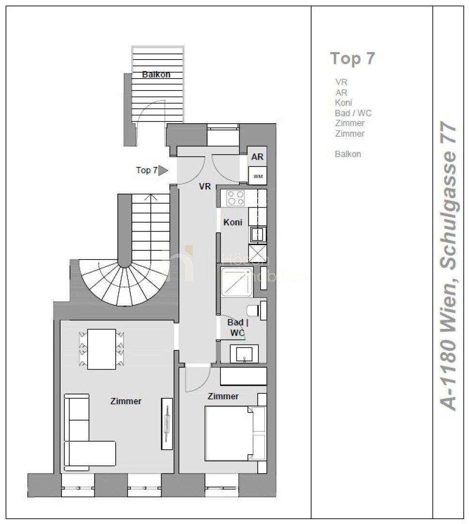 Grundriss der Wohnung Top 7 mit Wohnküche, Zimmern, Bad, WC und einem Balkon.