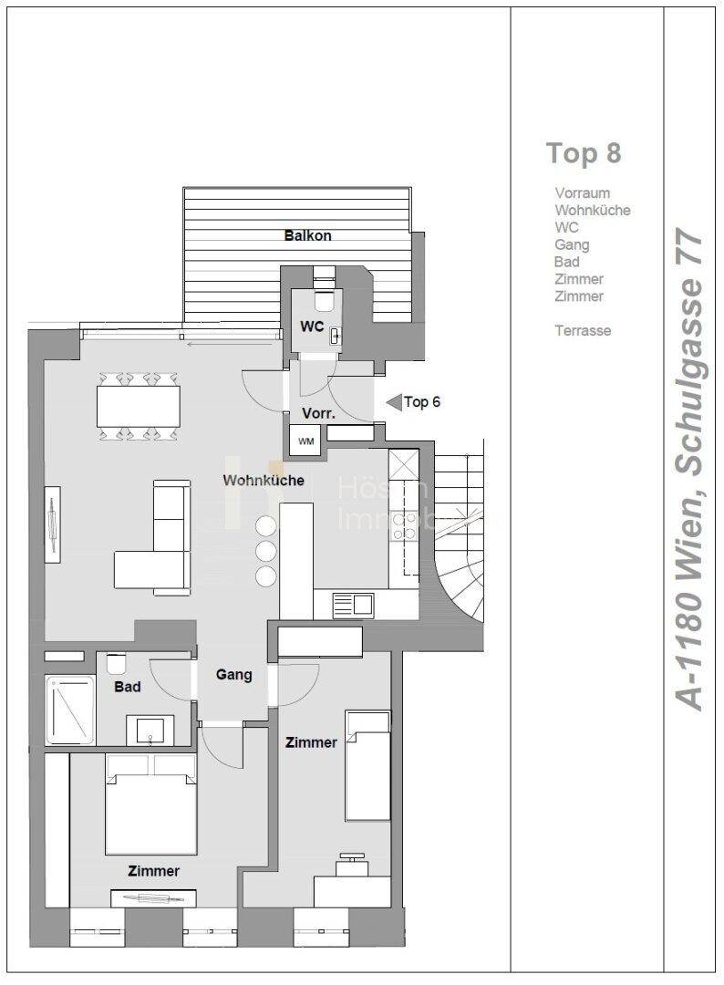 Grundriss der Wohnung Top 8 mit Wohnküche, drei Zimmern, Bad, WC und einem Balkon.