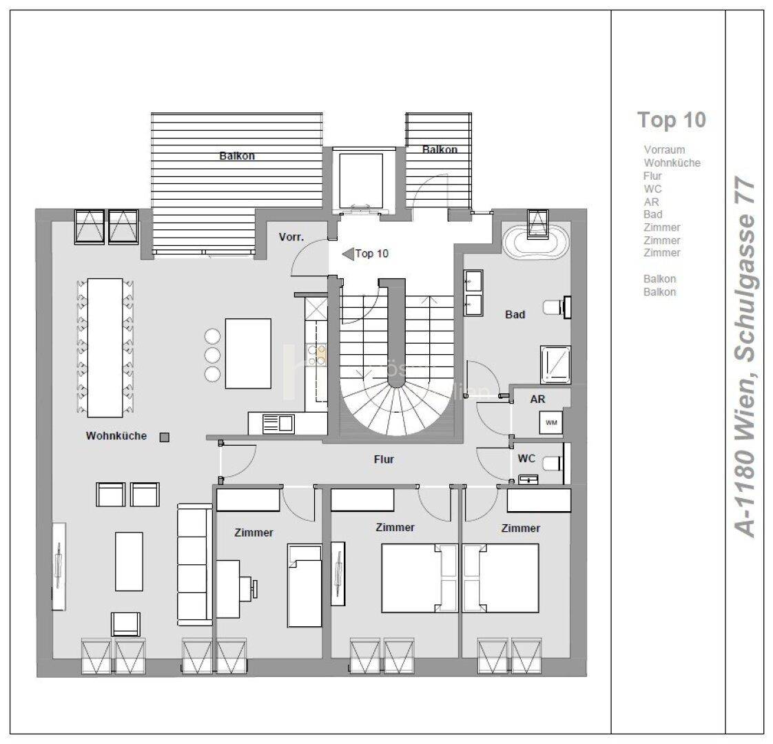 Grundriss der Wohnung Top 10 mit Wohnküche, drei Zimmern, zwei Bädern und zwei Balkonen.