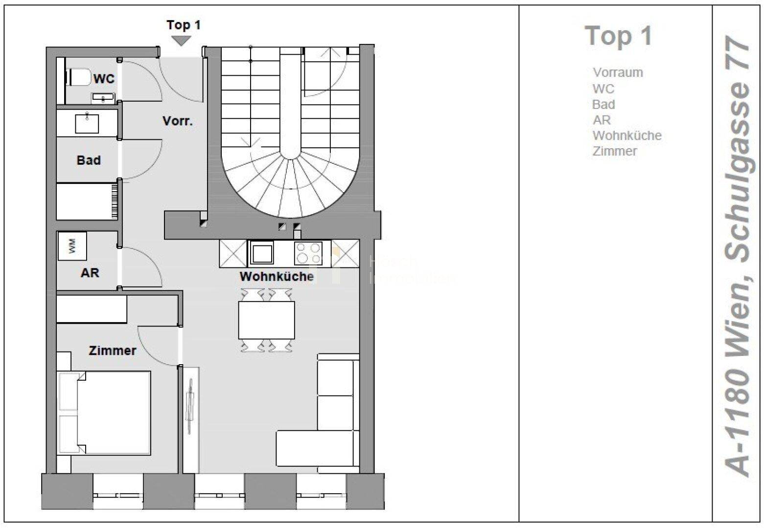Grundriss der Wohnung Top 1 mit Wohnküche, Bad, WC und Zimmern auf zwei Ebenen.