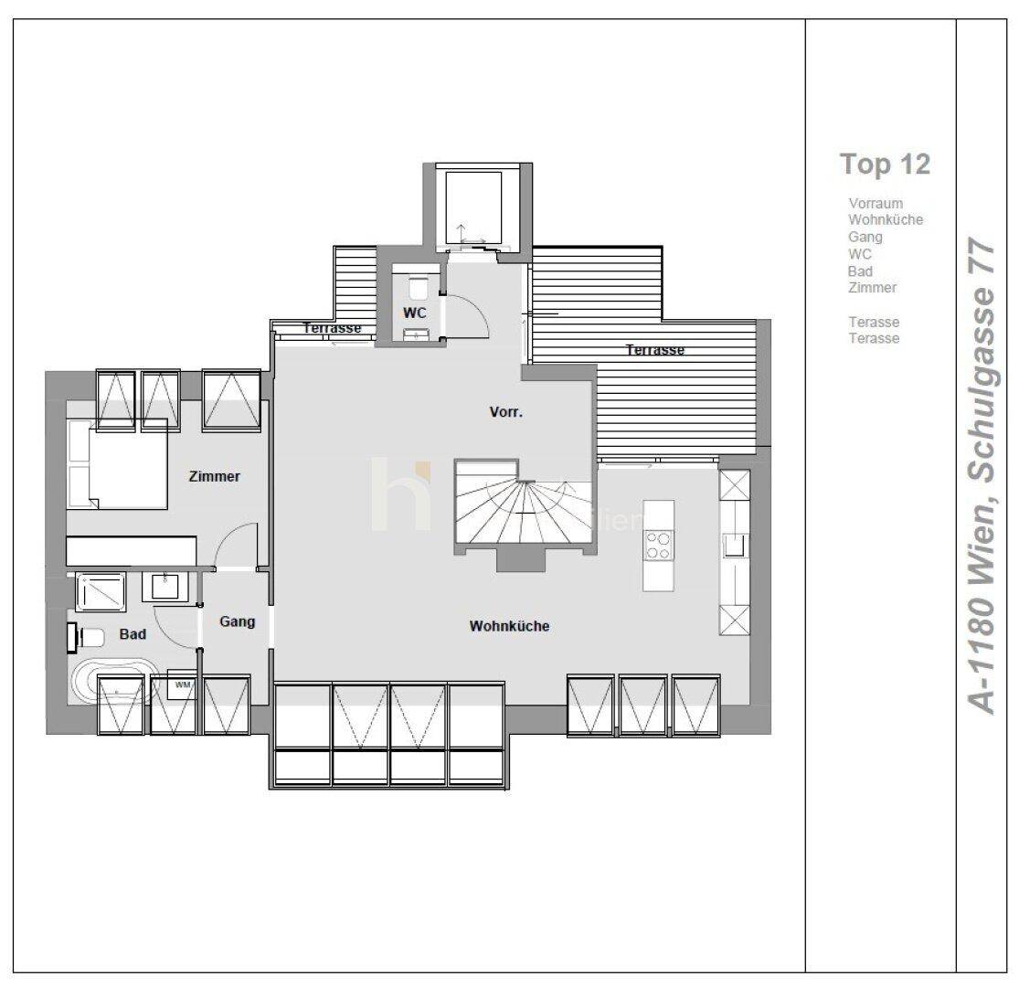 Grundriss von Top 12 mit offener Wohnküche, Schlafzimmer, Bad, separatem WC und zwei Terrassen.