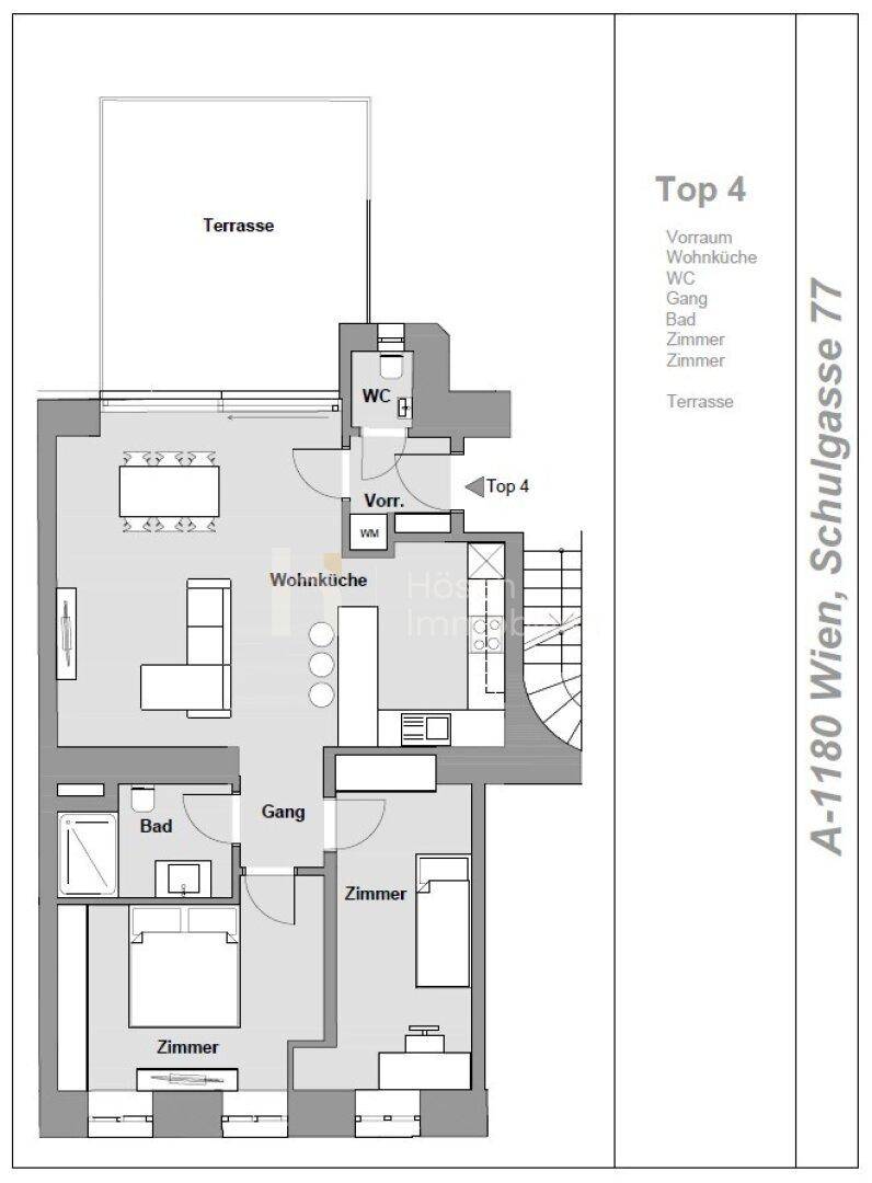 Grundriss der Wohnung Top 4 mit Wohnküche, drei Zimmern, Bad, WC und einer großzügigen Terrasse.
