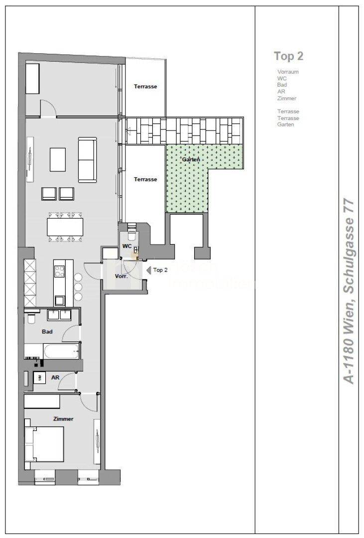 Grundriss der Wohnung Top 2 mit Wohnküche, Zimmern, Bad, WC, Terrasse und Gartenanteil.