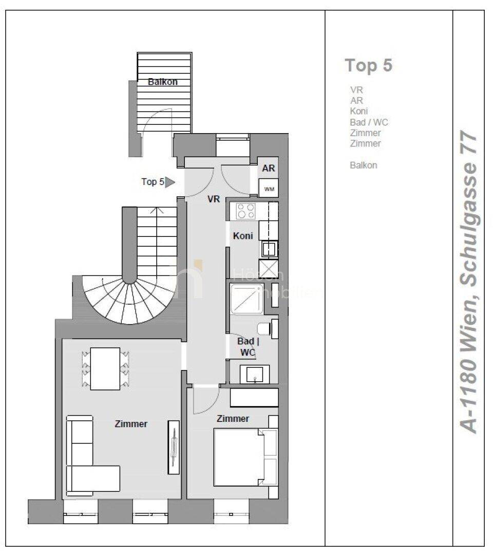 Grundriss der Wohnung Top 5 mit Wohnküche, Zimmern, Bad, WC und einem Balkon.