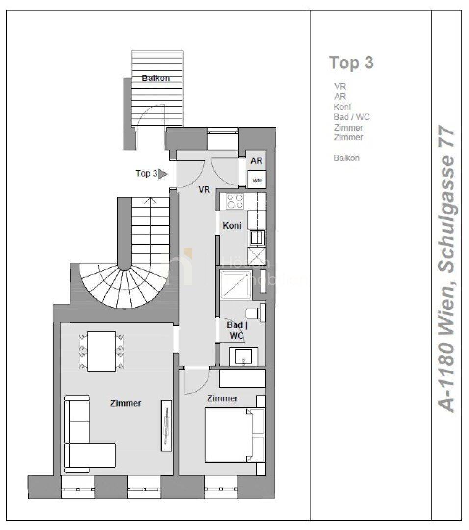 Grundriss der Wohnung Top 3 mit Wohnküche, Zimmern, Bad, WC und einem Balkon.