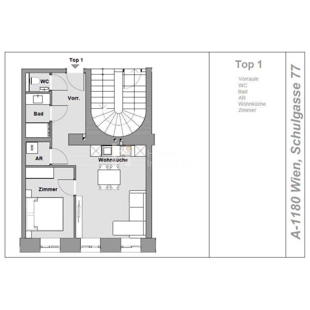 Detaillierter Grundriss von Top 1 mit Vorraum, Bad, WC, Wohnküche und Zimmern auf mehreren Ebenen.