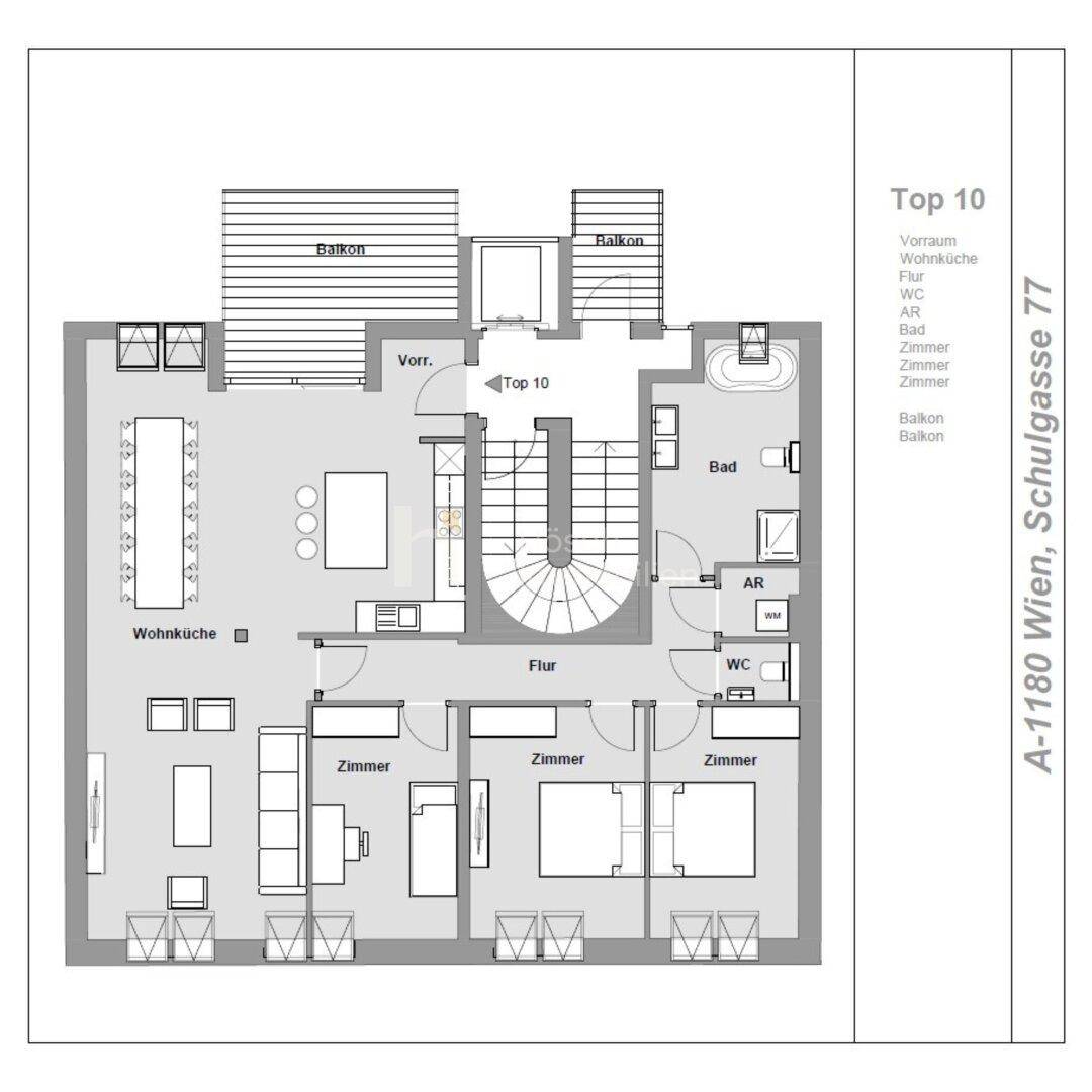 Grundriss einer Wohnung mit mehreren Zimmern, Wohnküche und Balkonen.