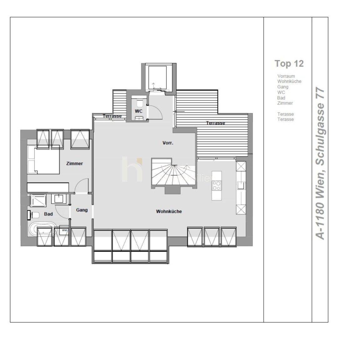 Grundriss der Dachgeschosswohnung mit Wohnküche, Zimmern und Terrassen.
