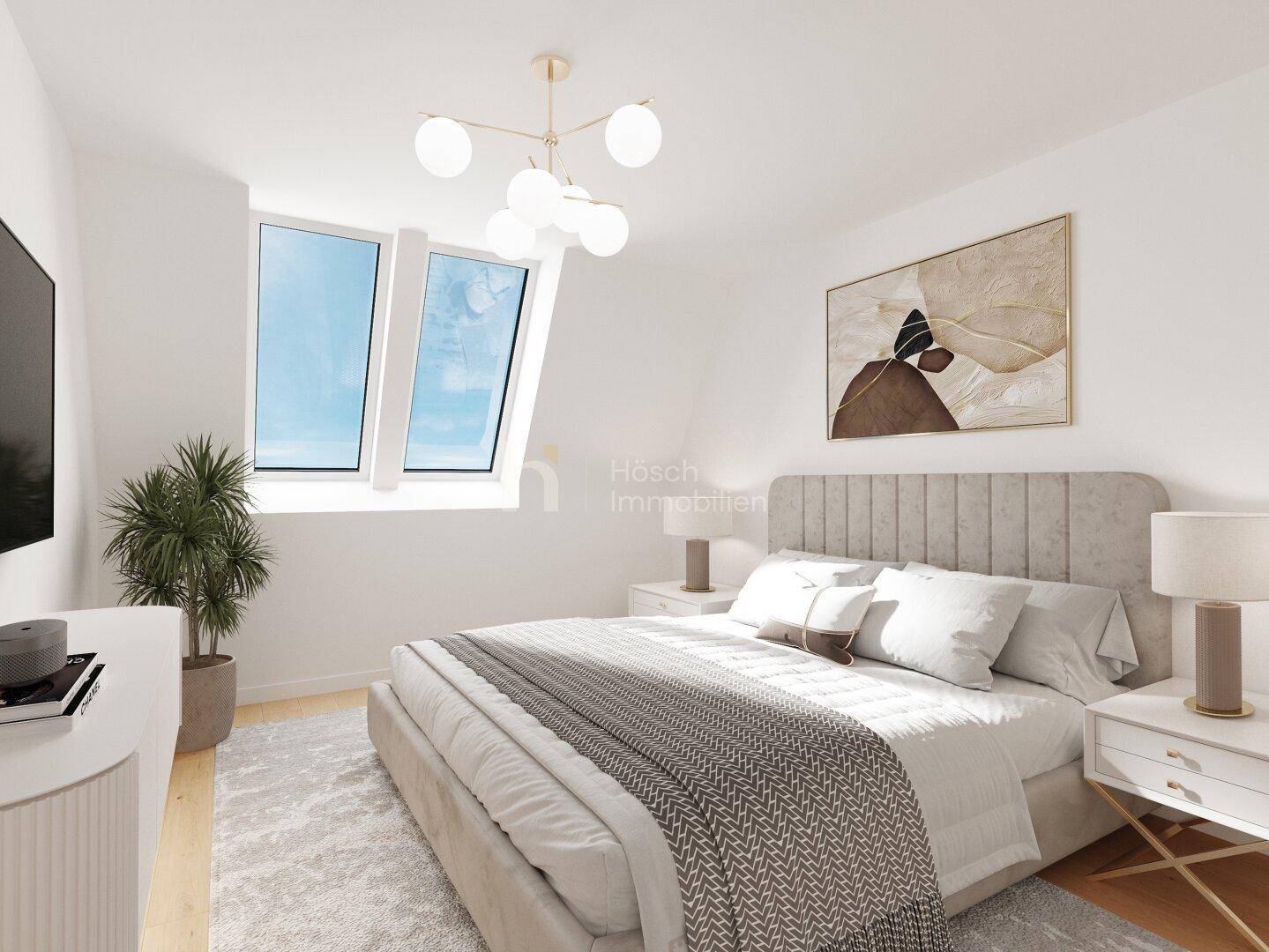 Helles Schlafzimmer mit Dachfenstern, modernem Bett und Holzboden, bietet viel natürliches Licht.