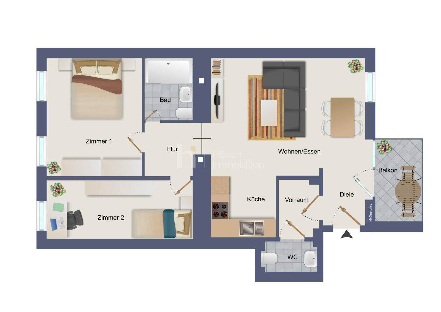 Detaillierter Grundriss einer Wohnung mit zwei Zimmern, Wohn-/Essbereich, Küche und Balkon.