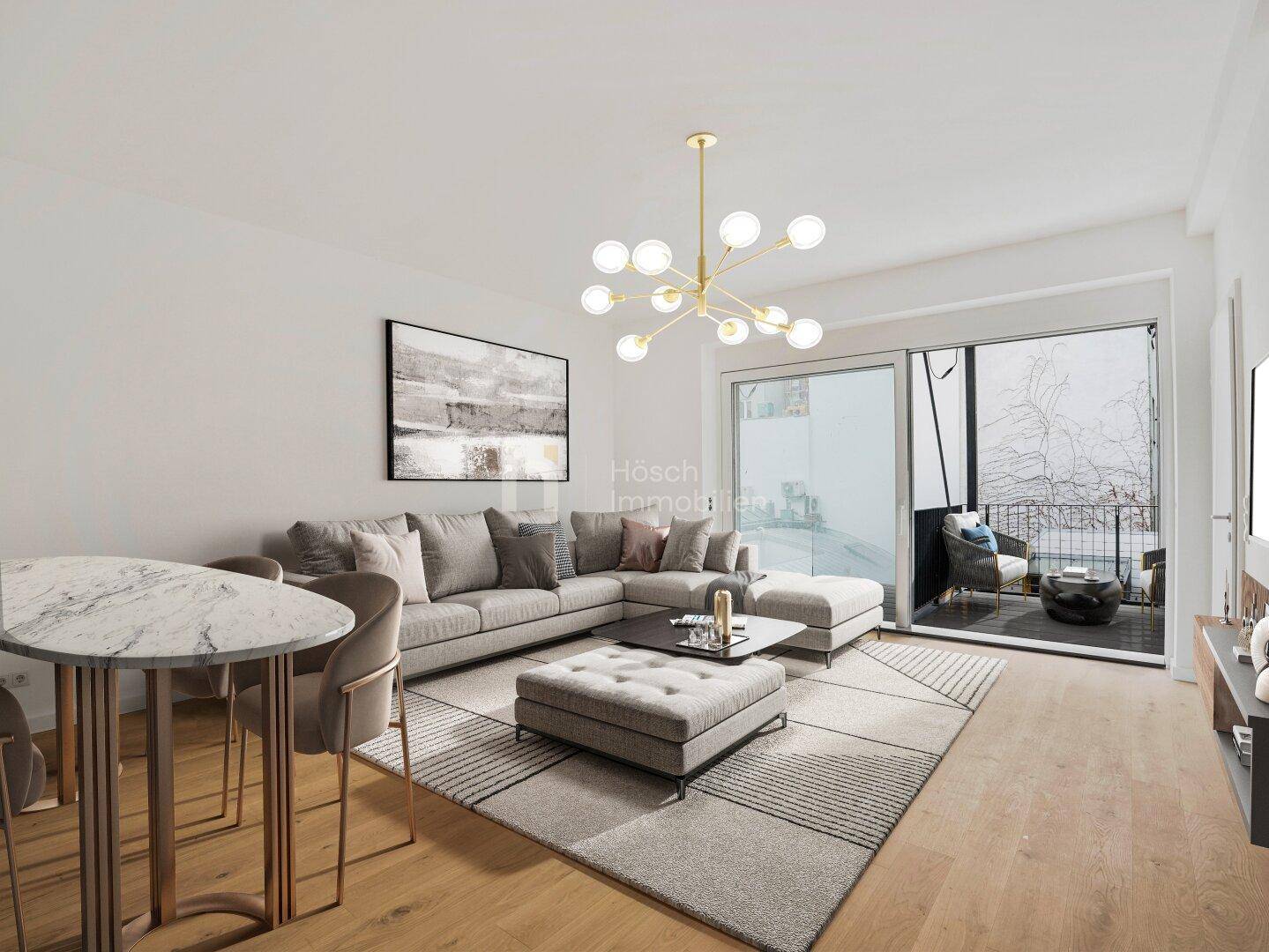 Modern eingerichteter Wohn-Essbereich mit Sofa, Esstisch und Zugang zum Balkon.