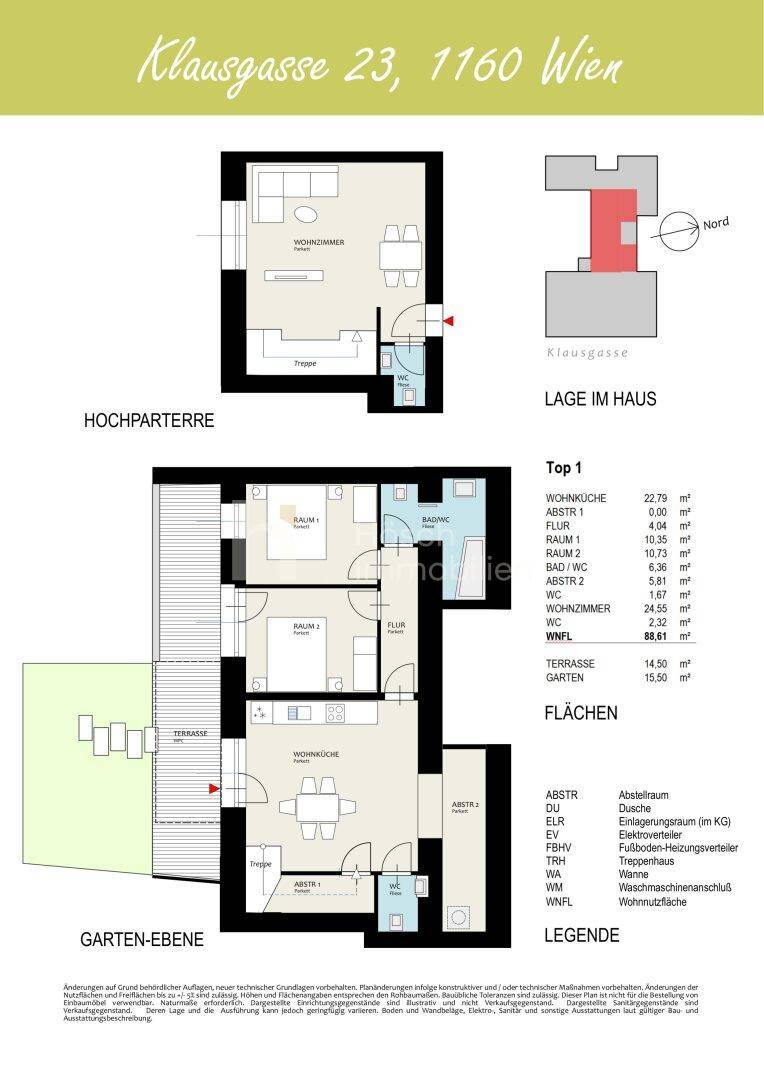Grundriss der Wohnung Top 1 über zwei Ebenen mit offener Wohnküche, Terrasse und Garten.