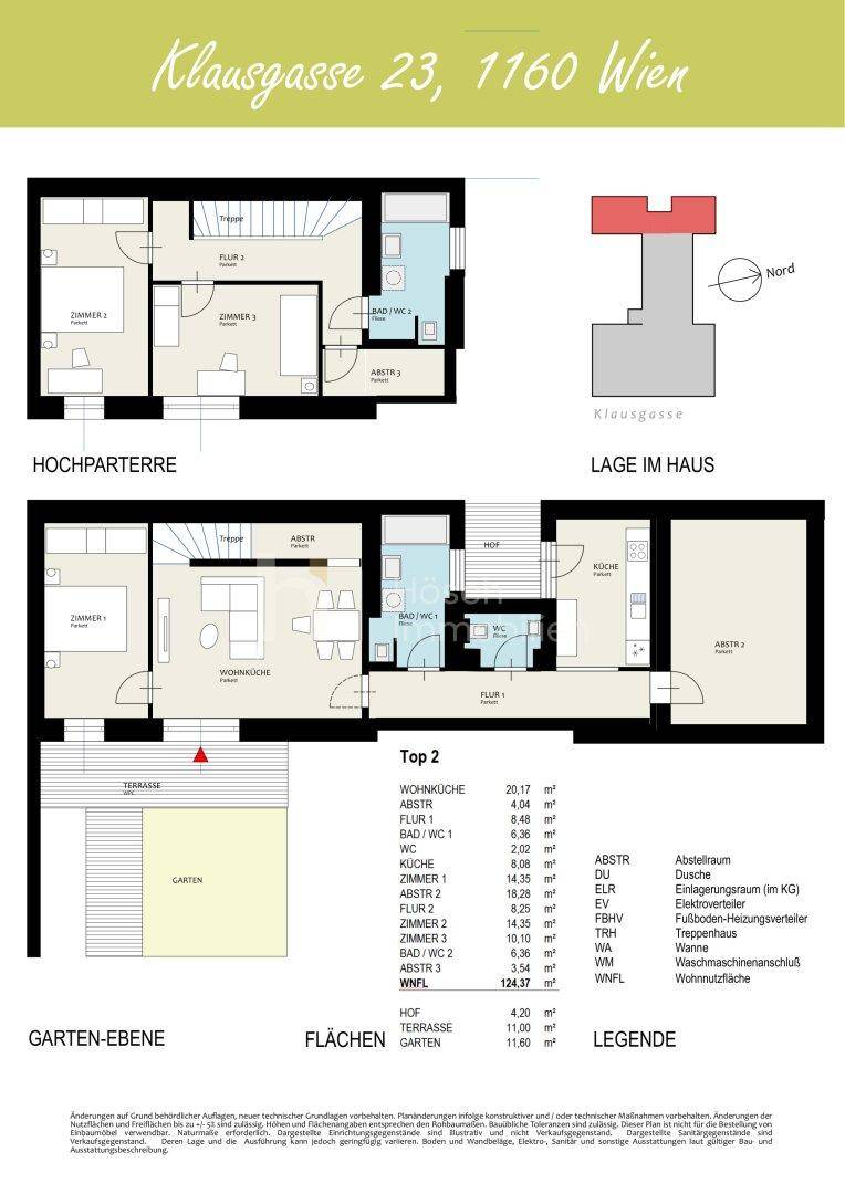 Grundriss für Top 2 zeigt Hochparterre und Gartenebene mit Terrasse und Garten.