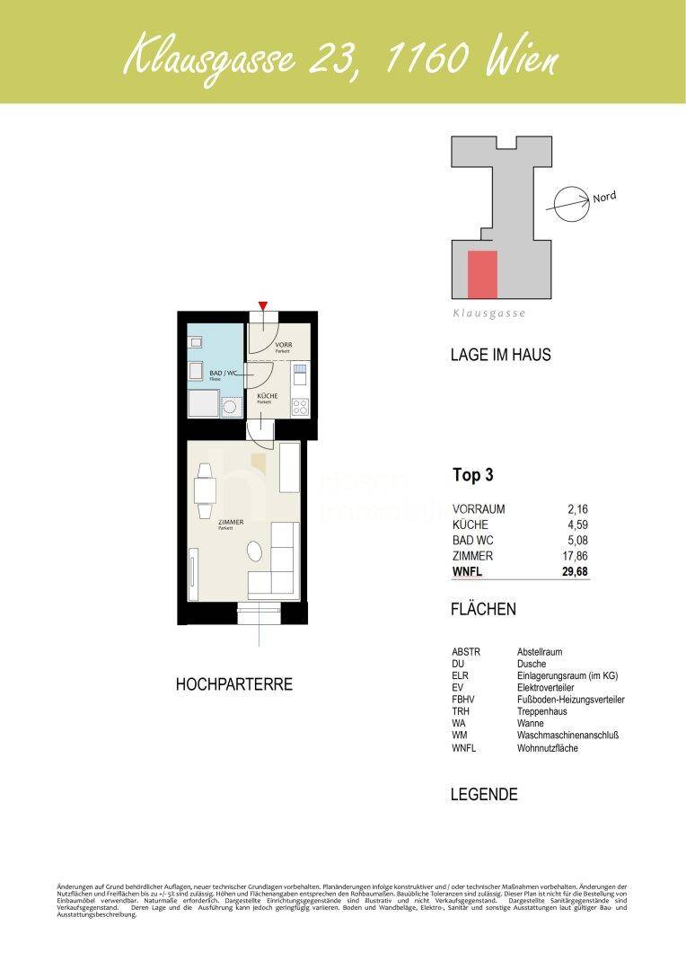 Grundriss des Hochparterres mit offenem Wohnbereich, separatem WC und Balkonzugang.