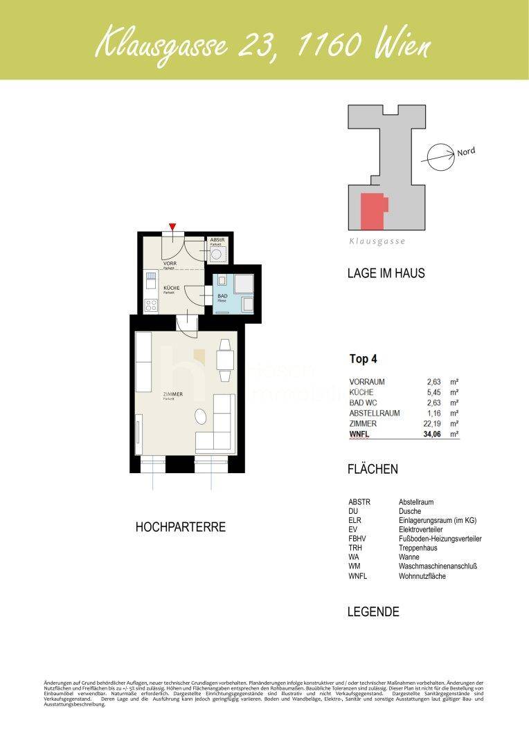 Grundriss der Top 4 im Hochparterre mit offenem Wohnbereich, Küche, Bad und Balkon.