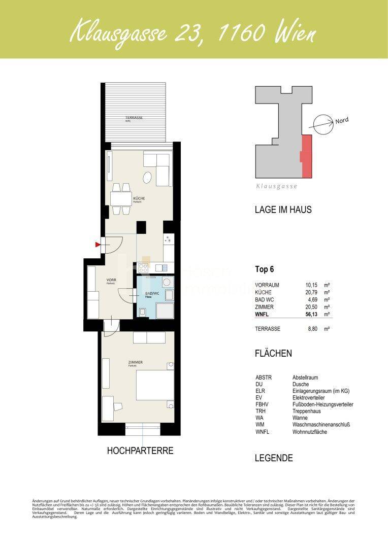 Grundriss der Wohnung Top 6 mit Terrasse und effizienter Raumaufteilung.