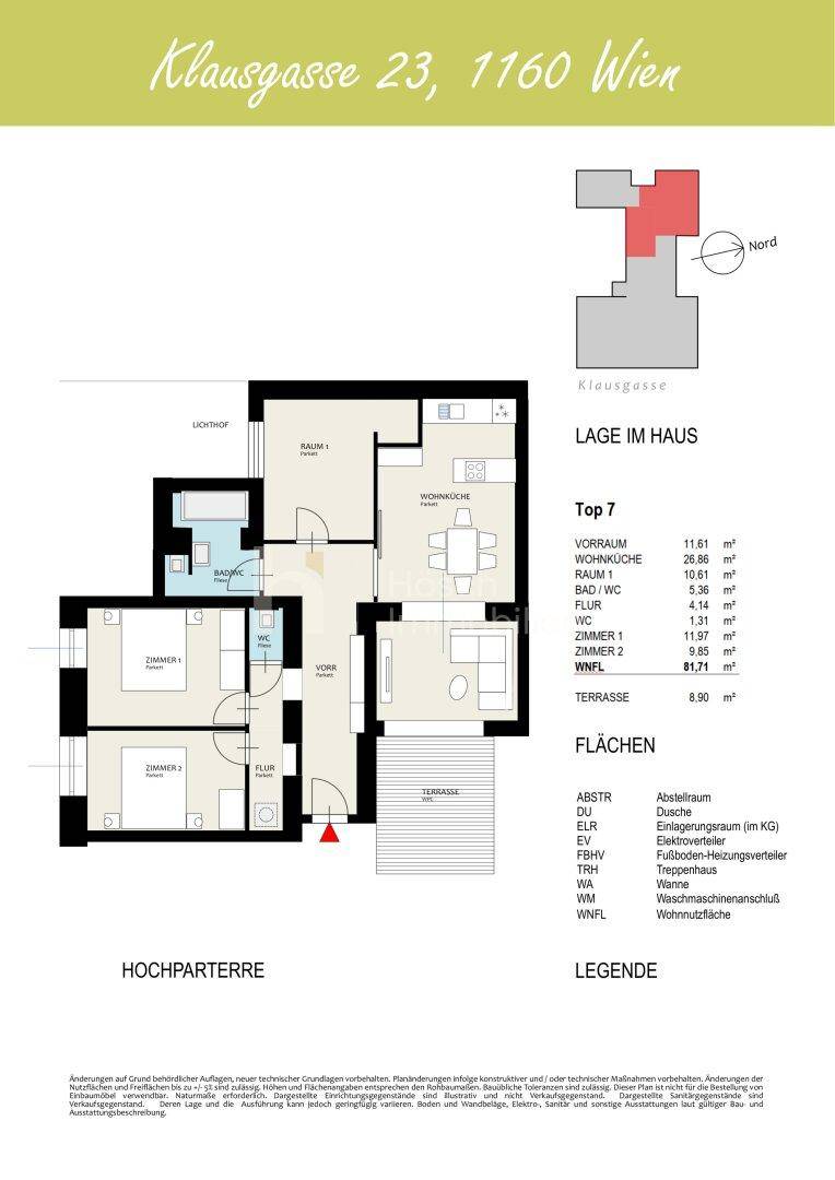 Grundriss des Hochparterres mit zwei Schlafzimmern, offener Wohnküche und großer Terrasse.