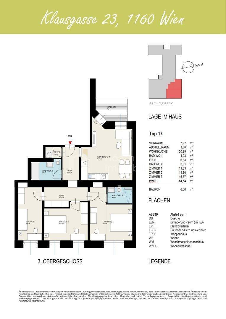 Grundriss der Wohnung Top 17 im 3. Obergeschoss mit Balkon und drei Schlafzimmern.