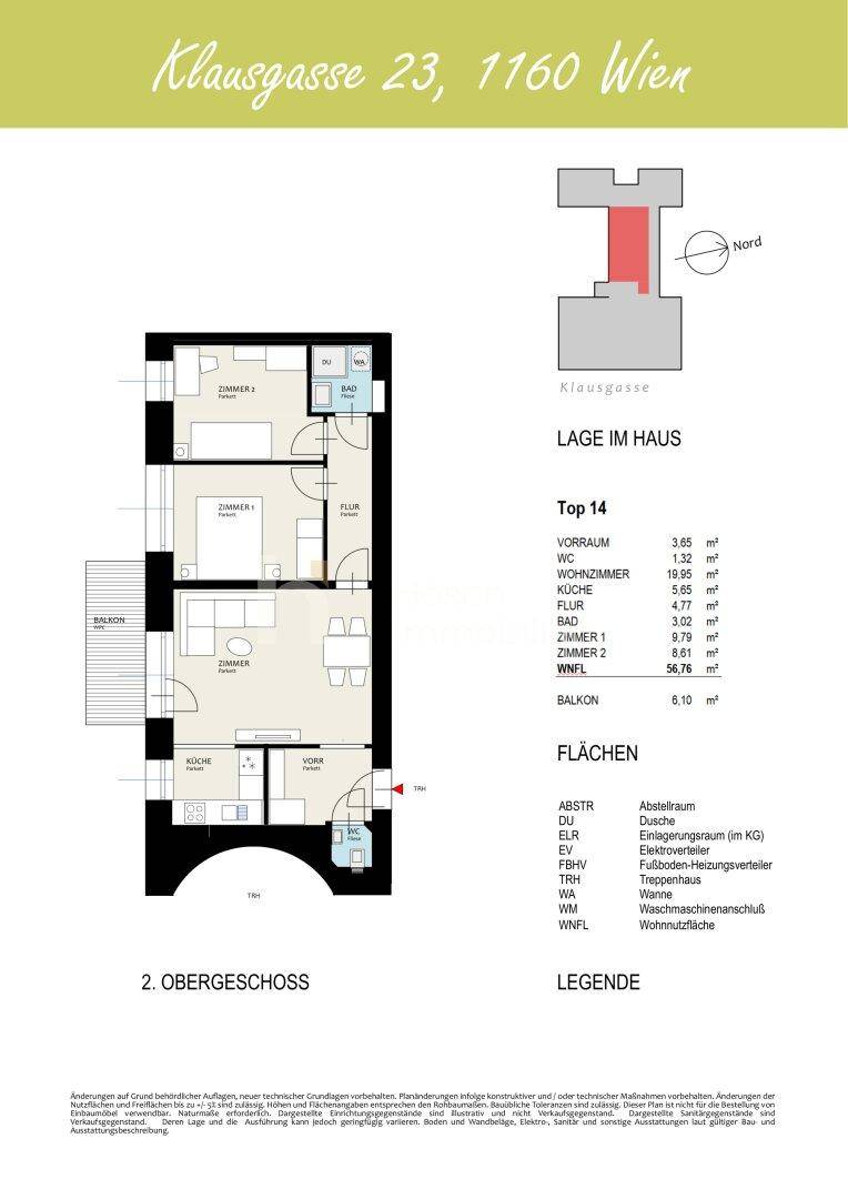 Grundriss der Wohnung Top 14 im 2. Obergeschoss mit Balkon und drei Zimmern.
