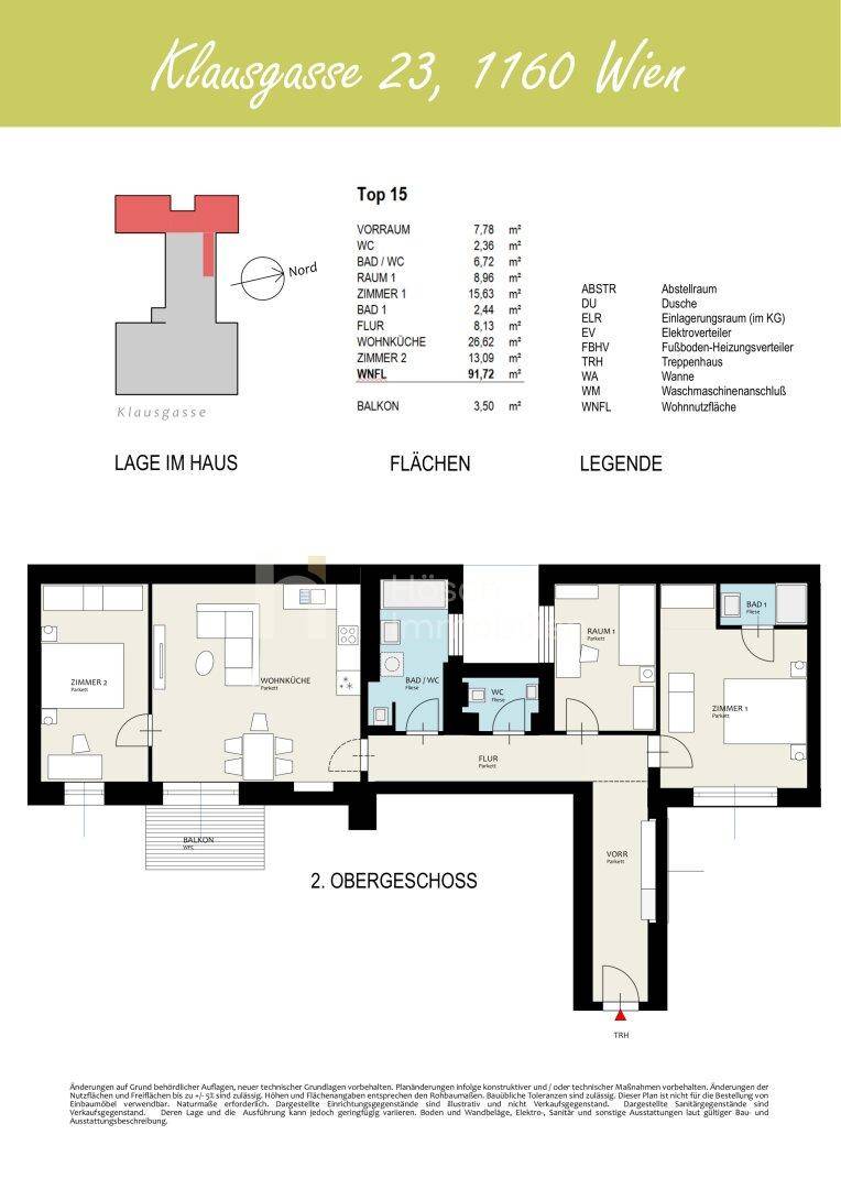 Grundriss des 2. Obergeschosses mit offenem Wohnbereich, Balkon und zwei Bädern.