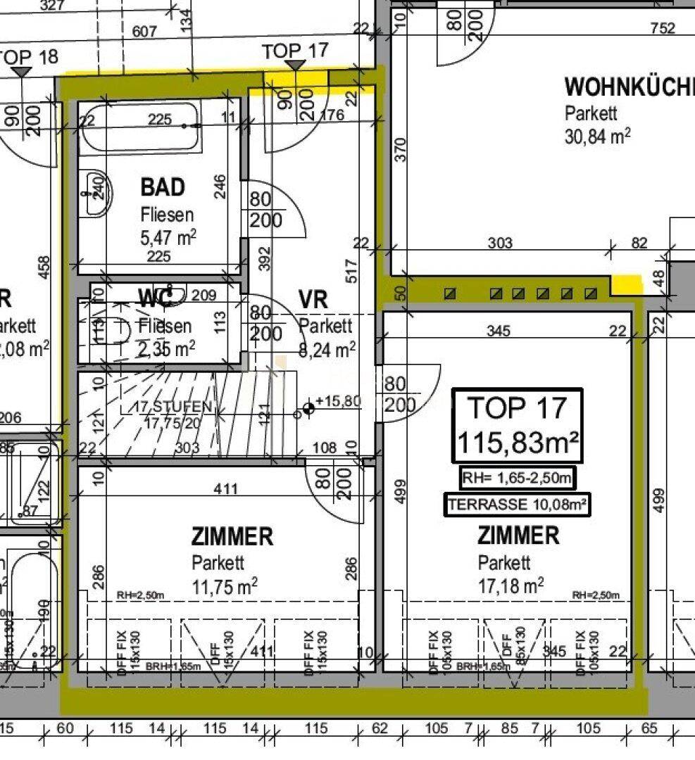 Detaillierter Grundriss von Top 17 mit Wohnküche, Bad, WC und zwei Zimmern, inklusive Maßen.