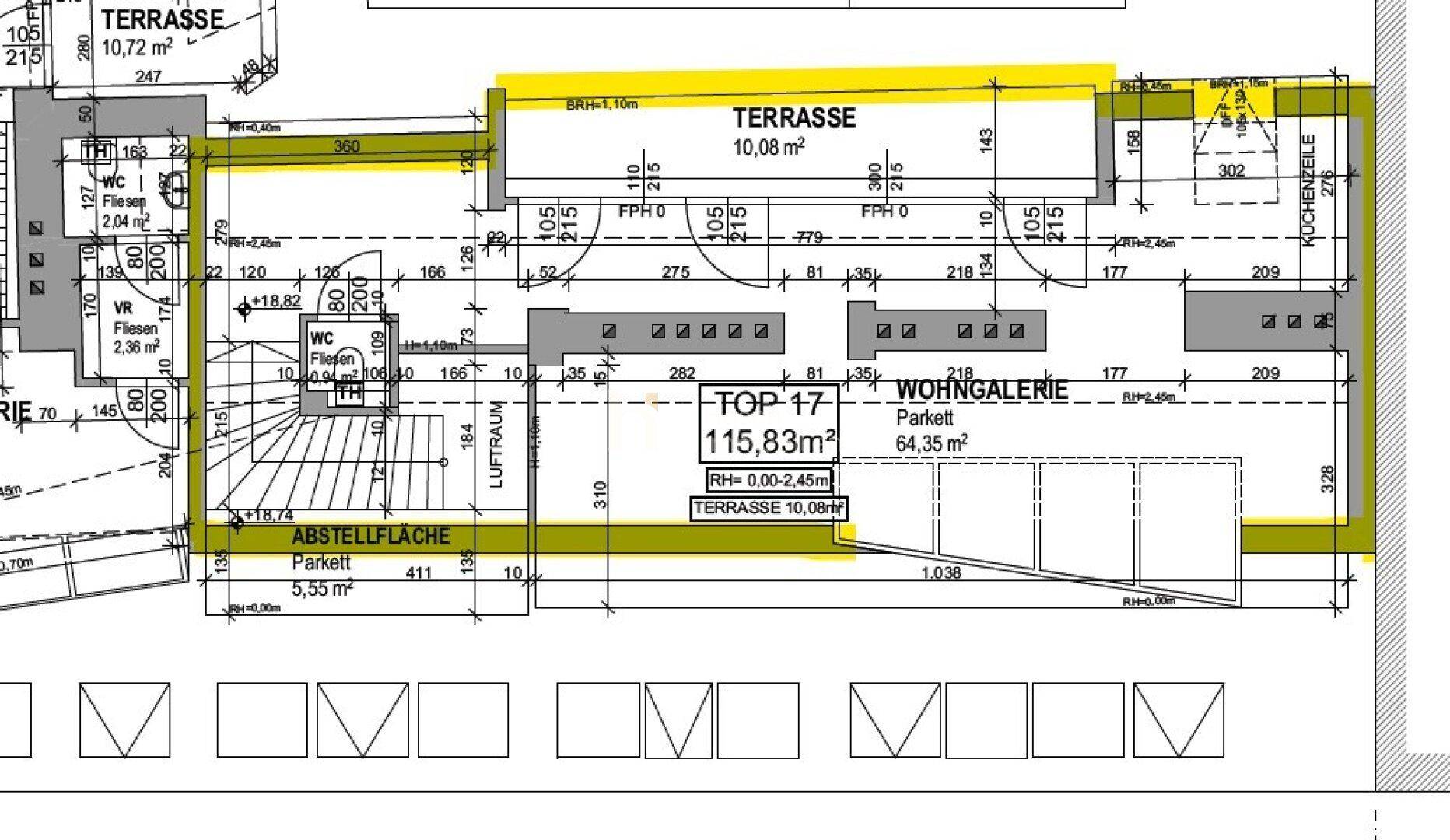 Grundriss von Top 17 mit Wohnküche, Terrasse und Abstellfläche, detaillierte Ansicht des Layouts.