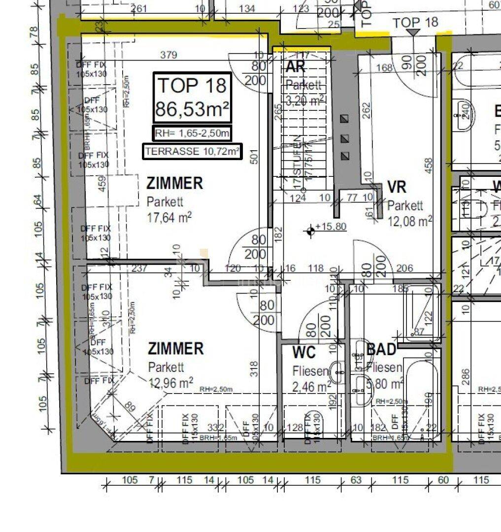 Grundriss der Wohnung Top 18 mit zwei Zimmern, Bad, WC und Terrasse von 10,72 m².