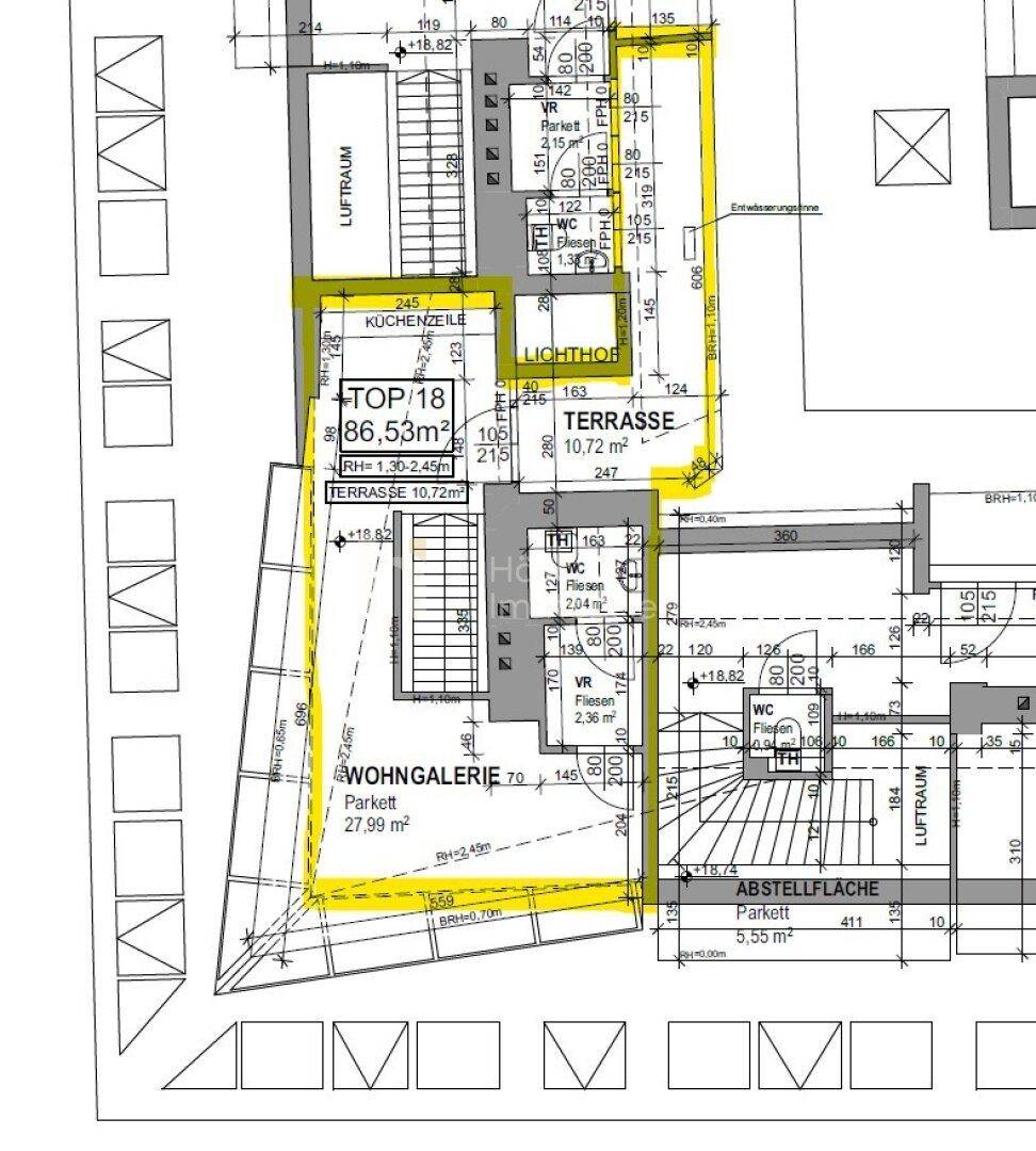 Detaillierter Grundriss der Wohnung Top 18 mit Wohn-Galerie, Terrasse und Abstellfläche.