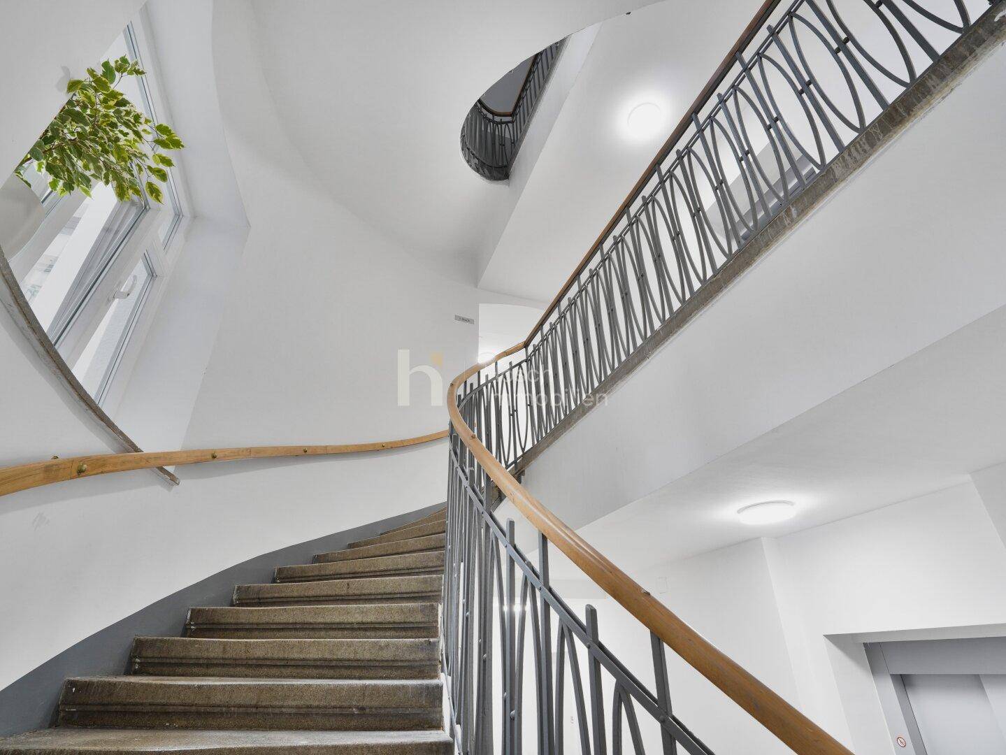 Elegantes Treppenhaus mit geschwungenem Geländer und Natursteinstufen in einem Altbau.