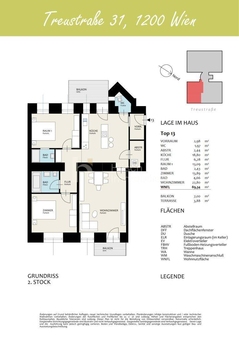 Grundriss der Wohnung Top 13 im 2. Stock mit Balkon und Terrasse.