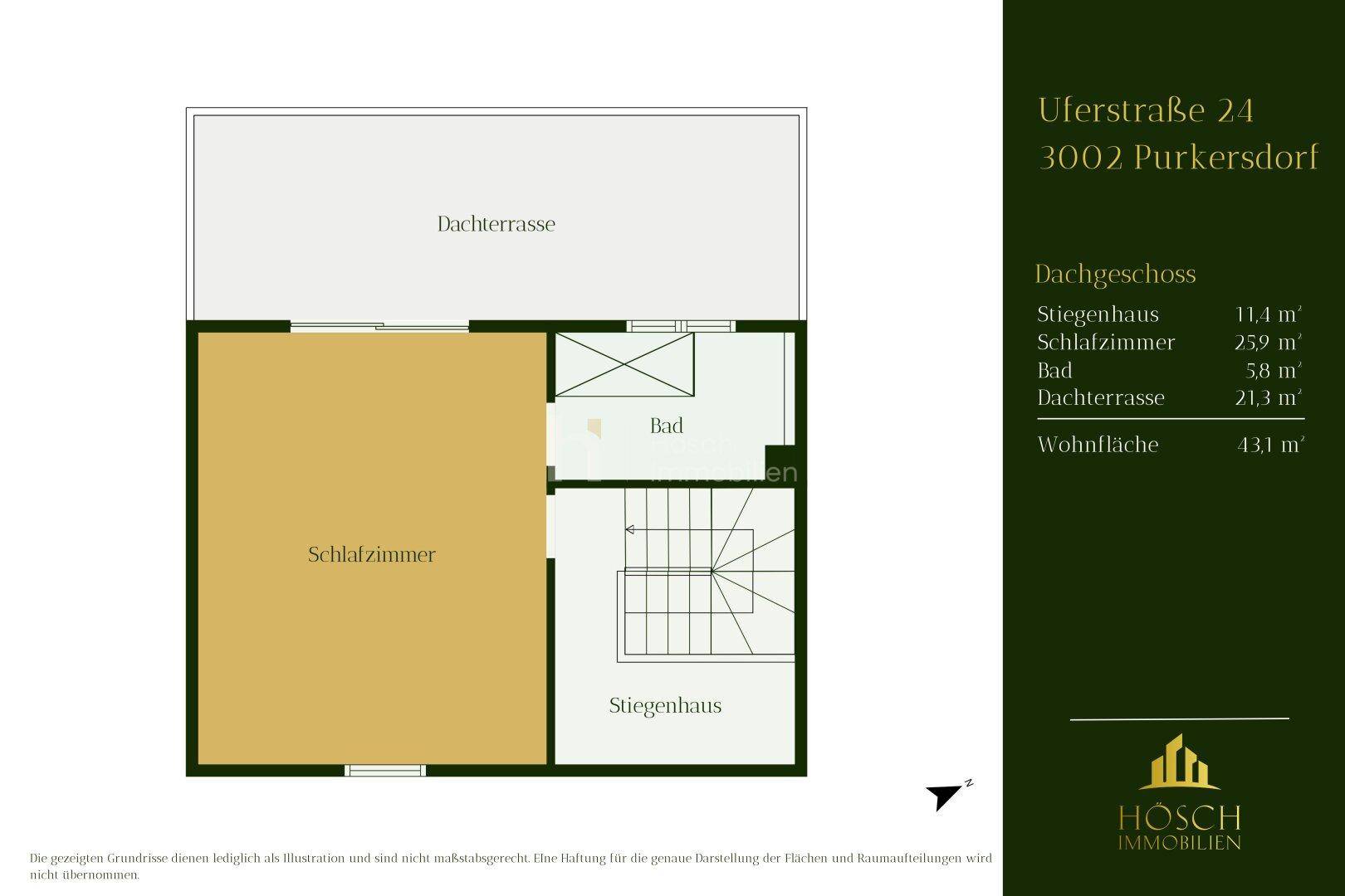 Grundriss des Dachgeschosses mit Schlafzimmer, Bad und großer Dachterrasse.