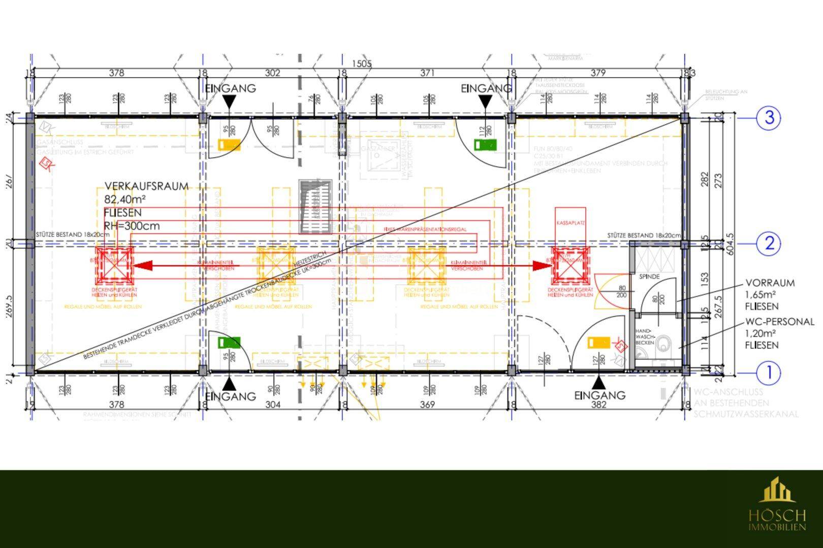Detaillierter Grundriss eines Verkaufsraums mit Personal-WC und mehreren Eingängen, ideal für gewerbliche Nutzung.