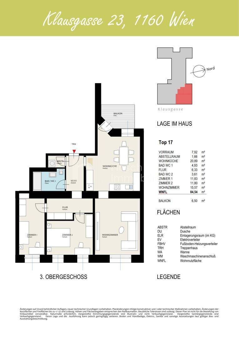 Detaillierter Grundriss der Wohnung Top 17 im 3. Obergeschoss mit offener Wohnküche, drei Zimmern und Balkon.