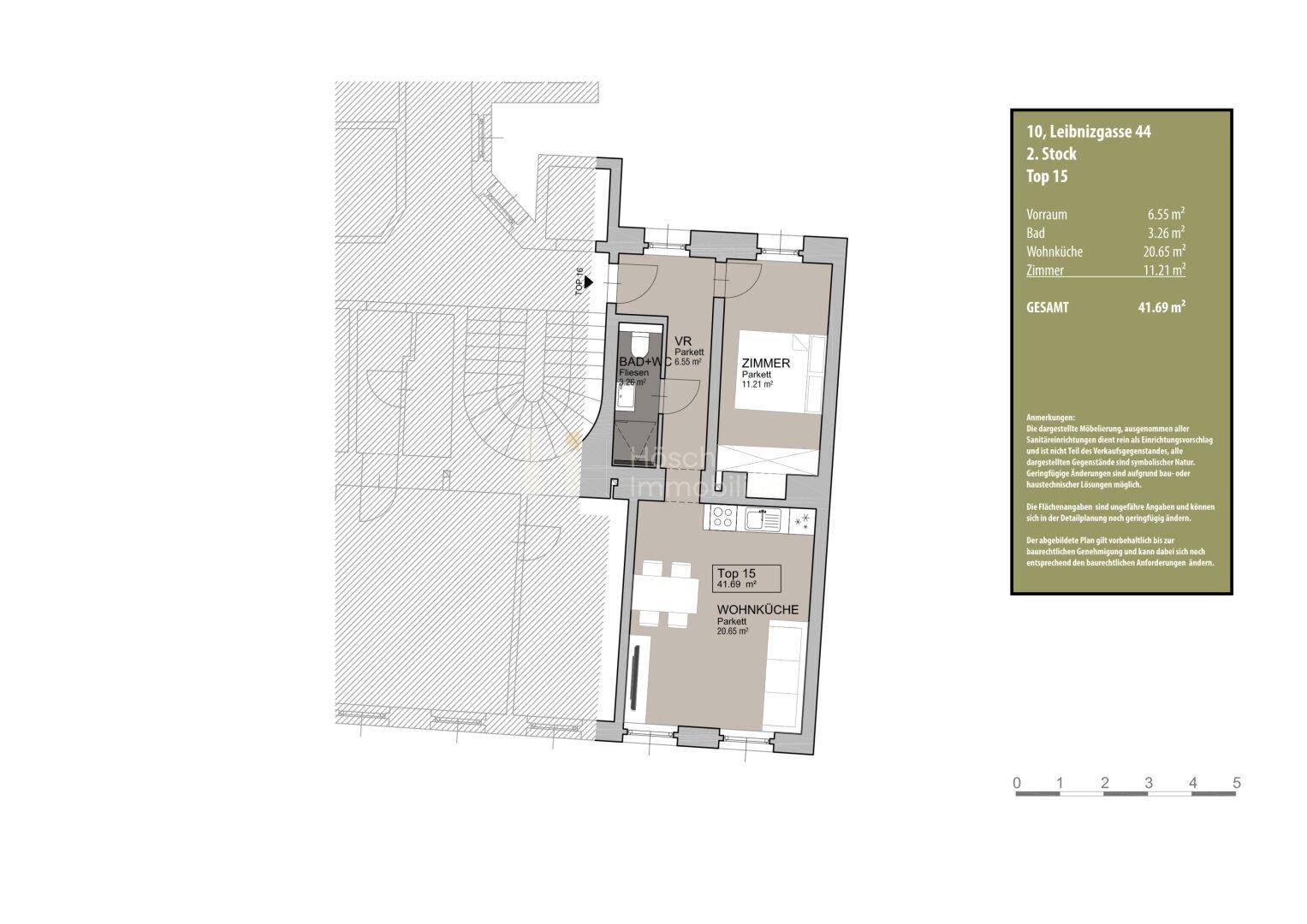 Grundriss der Wohnung Top 15 mit Wohnküche, Zimmer und Bad auf 41.69 m².
