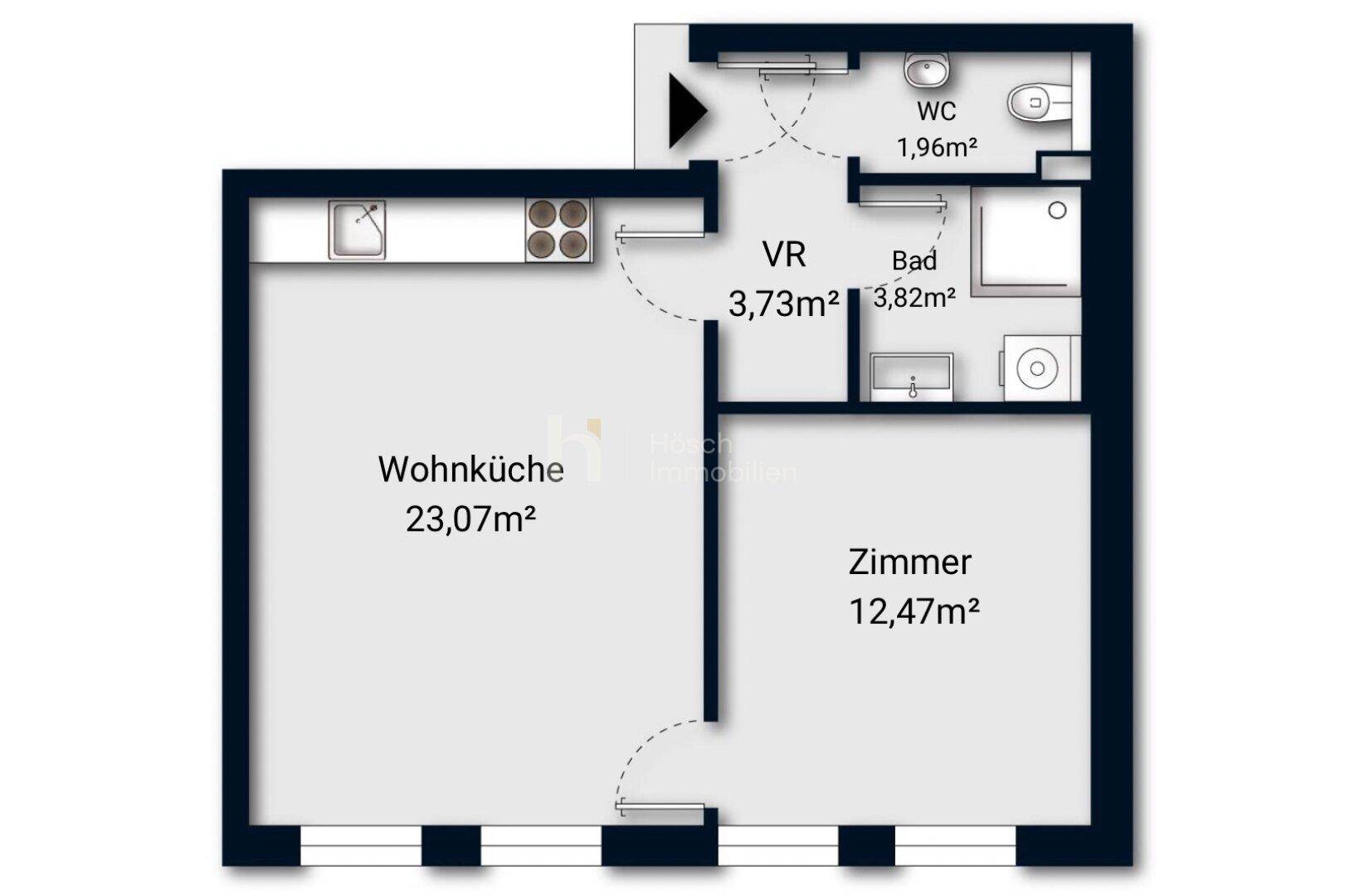 Grundriss einer Wohnung mit Wohnküche, Zimmer, Bad und separatem WC.