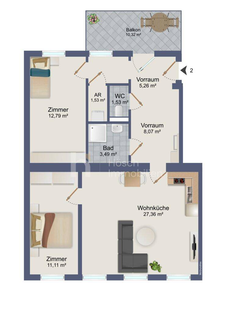Grundriss einer Wohnung mit zwei Schlafzimmern, offener Wohnküche und einem Balkon.