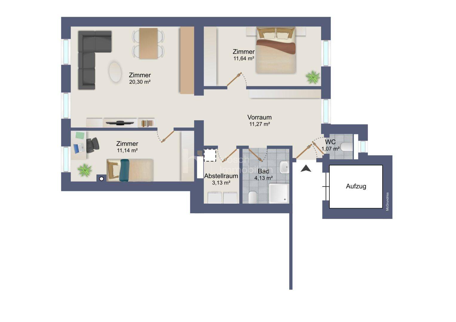 Detaillierter Grundriss der Wohnung mit Raumaufteilung und Flächenangaben.