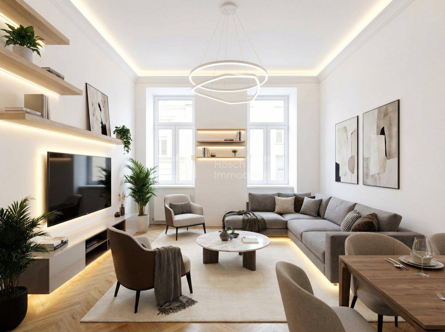 Modernes Wohn- und Esszimmer mit stilvoller Einrichtung, Parkettboden und indirekter Beleuchtung.