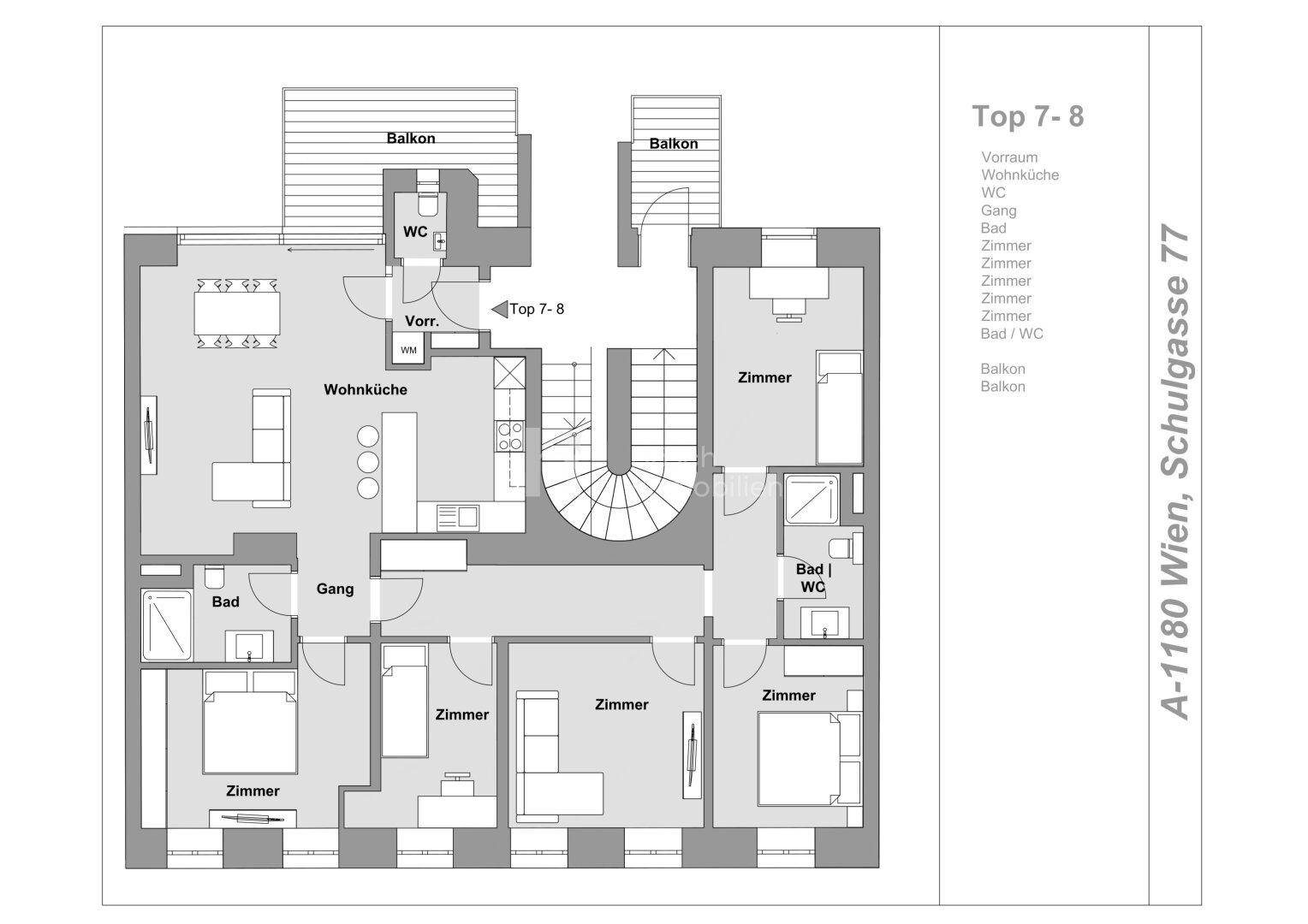 Grundriss der Wohnung Top 7-8 mit Wohnküche, drei Zimmern, zwei Bädern und zwei Balkonen.