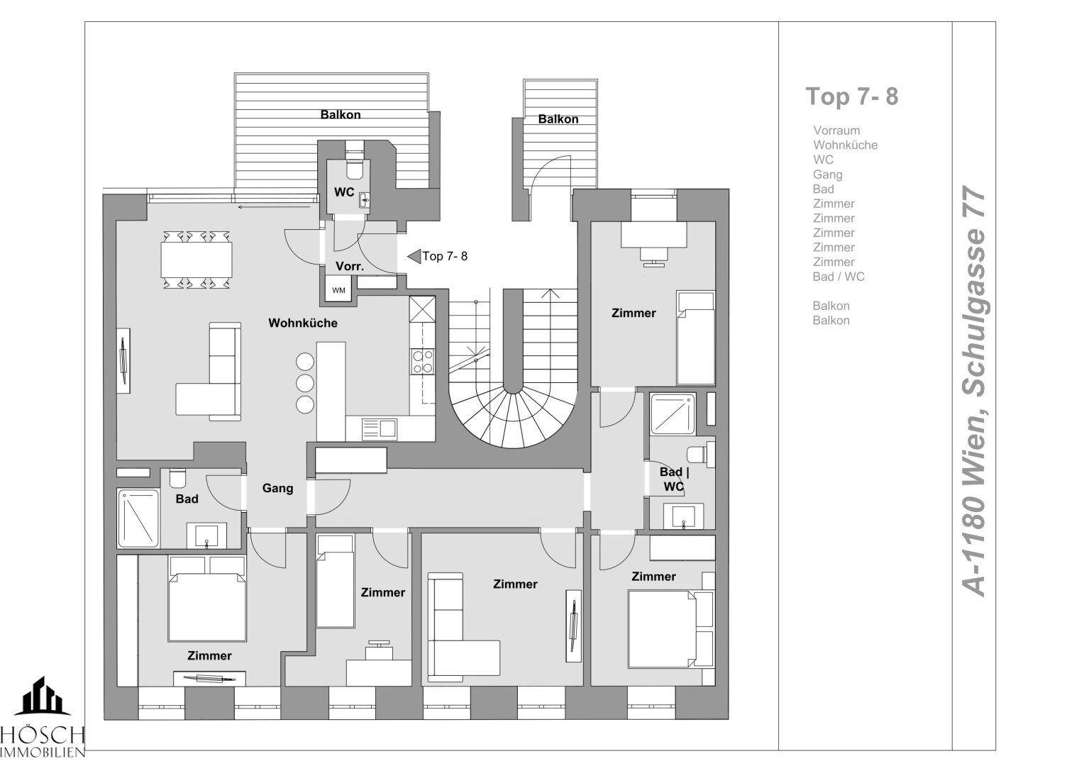 Grundriss einer Wohnung mit offenem Wohnküchenbereich, mehreren Zimmern, zwei Bädern und zwei Balkonen.