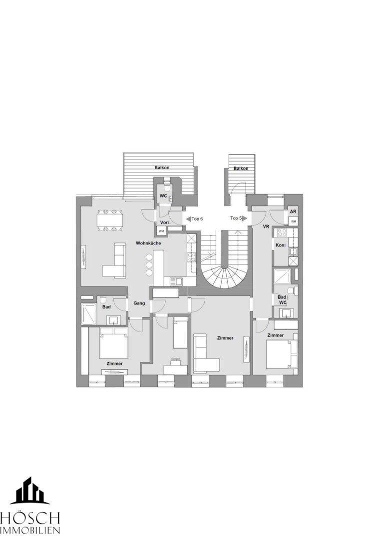 Grundriss einer Wohnung mit offenem Wohnküchenbereich, mehreren Zimmern, zwei Bädern und zwei Balkonen.