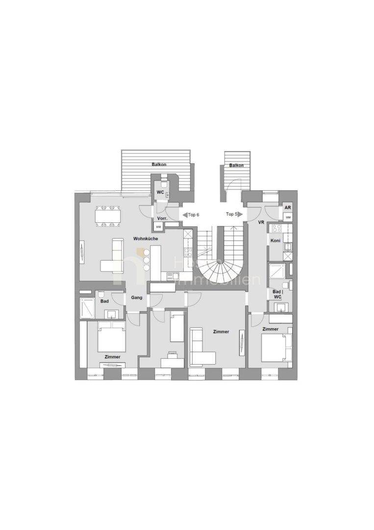 Grundriss der Wohnung Top 6-9 mit Wohnküche, drei Zimmern, zwei Bädern und zwei Balkonen.