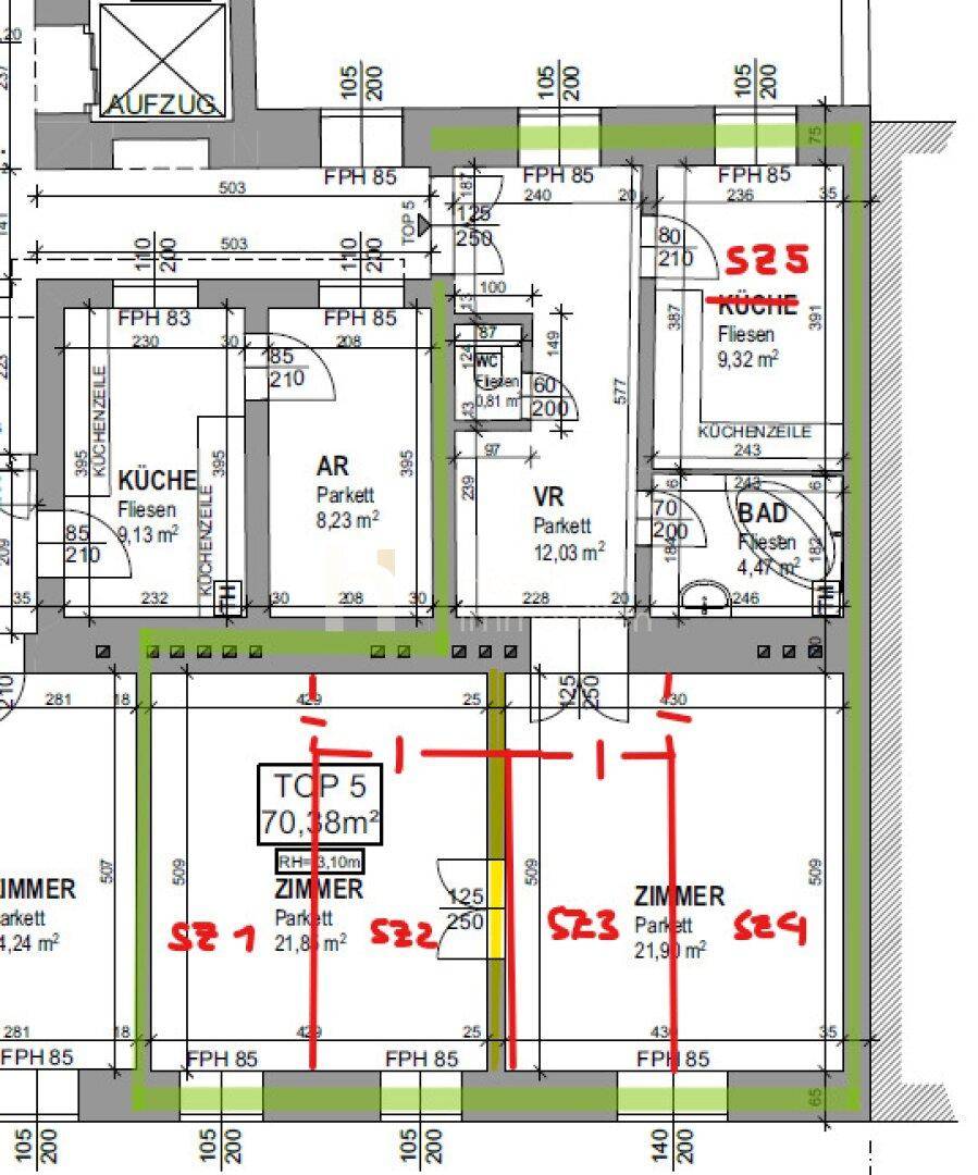 Grundriss einer Wohnung mit mehreren Zimmern, Küche, Bad und WC, inklusive Flächenangaben.