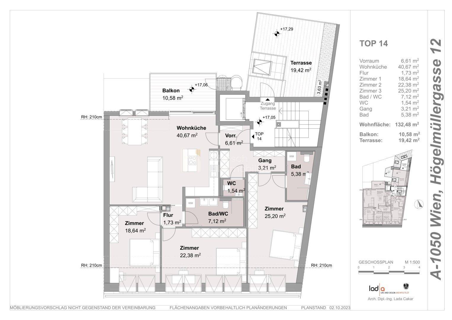 Detaillierter Grundriss der Wohnung TOP 14 mit Balkon, Terrasse und mehreren Zimmern.
