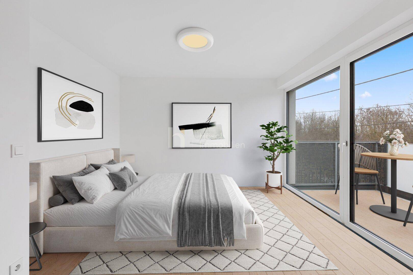 Modern eingerichtetes Schlafzimmer mit Holzboden und Zugang zu einem kleinen Balkon.