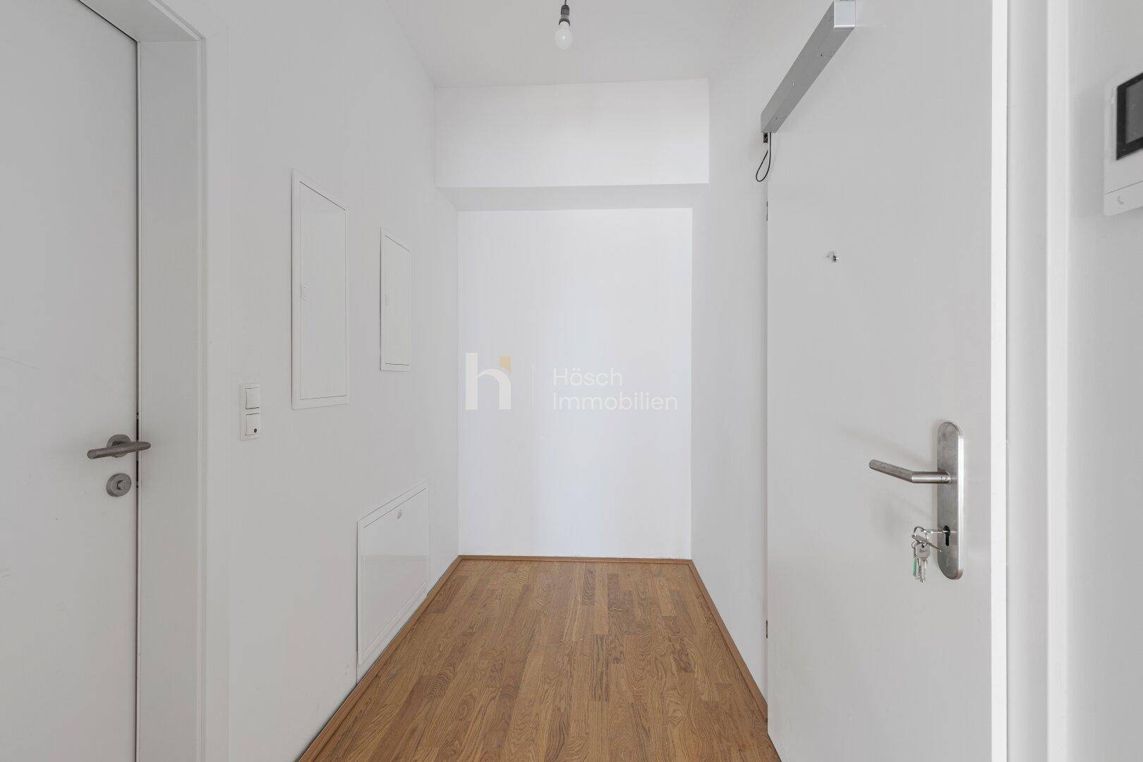 Eingangsbereich mit Holzboden und weiß gestrichenen Wänden, der zu den Wohnräumen führt.