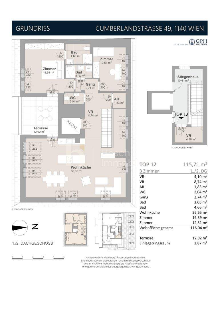 Grundriss der Dachgeschosswohnung Top 12 mit offener Wohnküche, Zimmern und großer Terrasse.