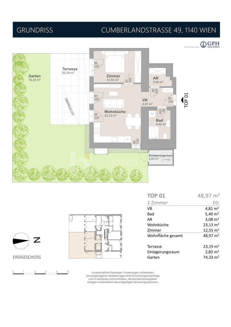 Grundriss für TOP 01 mit Wohnküche, Zimmer, Bad, Terrasse und großem Garten.