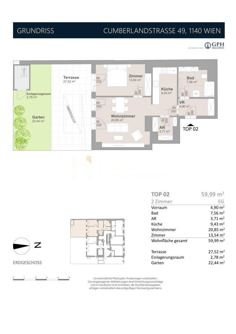 Grundriss für die Einheit Top 02 mit Terrasse, Garten und offenem Wohnbereich.