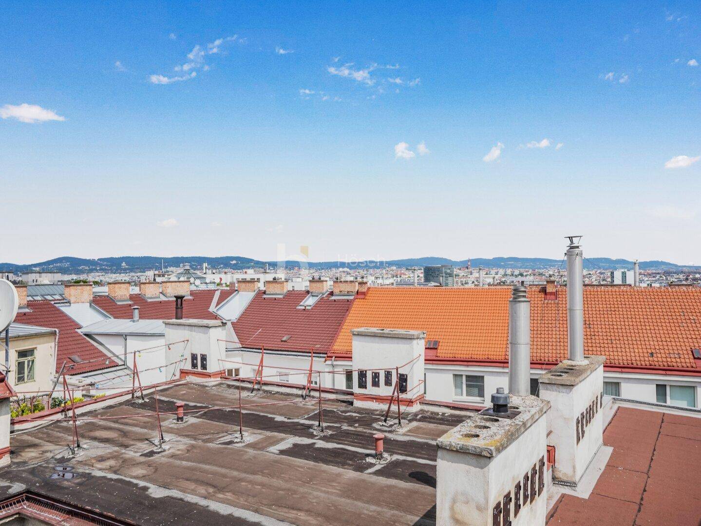 Weitläufiger Blick über die Dächer der Stadt mit Bergen im Hintergrund.